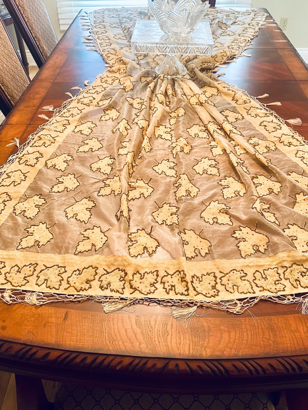 Beige Embroidered Beaded Leaf Pattern Organza Table Cover/Runner